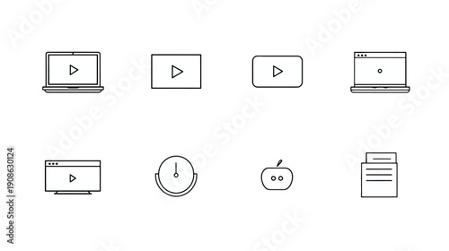 Modern vector line art icons set: video player, laptop, streaming, timer, apple, and document symbols for web and app design.