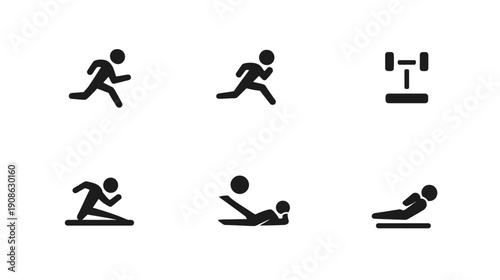 Fitness and workout icons set including running, weightlifting, and core exercises. Sport and health training activity pictograms.