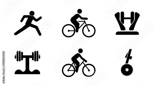 Fitness and Sport Black Icons Set. Silhouettes of Running, Cycling, Weightlifting, and Gym Equipment for Workout and Exercise