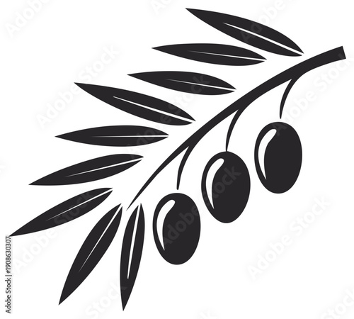 Stylized branch of olive tree with olives and leaves illustration black and white