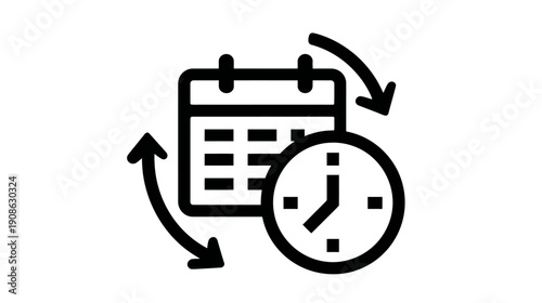 Time management and scheduling icon. Calendar, clock, and refresh arrows symbol for planning, events, and appointments.