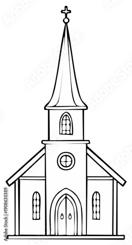 Simple Black and White Line Drawing of a Traditional Church Building with Steeple and Cross
