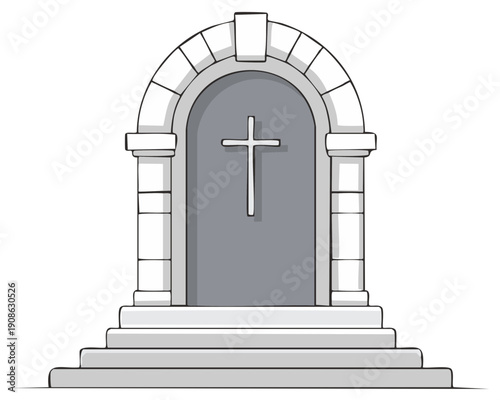 Stone Archway Entrance with Cross Symbol and Steps