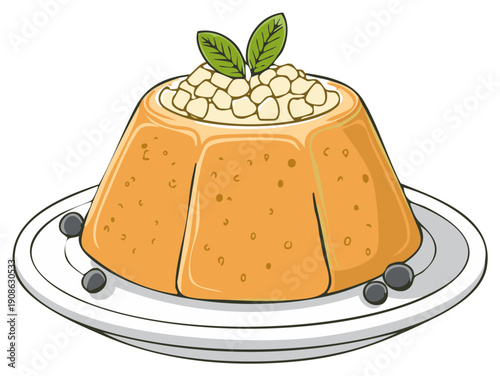 Vector illustration of a caramel pudding or flan dessert with cream topping, mint, and berries on a plate