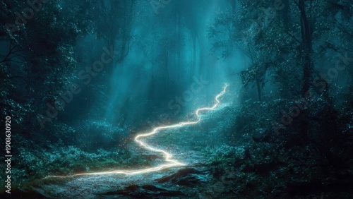 Enchanted Forest Path with Mystical Lightning