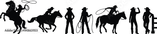 Cowboy silhouette vector set featuring horseback riders, lasso throwing actions and western ranch figures, black rodeo lifestyle icons isolated on white