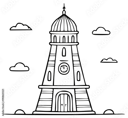 Stylized Lighthouse with Dome and Clock Tower Silhouette