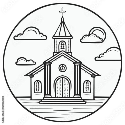 Classic Church Building Illustration with Steeple and Clouds in Circular Frame