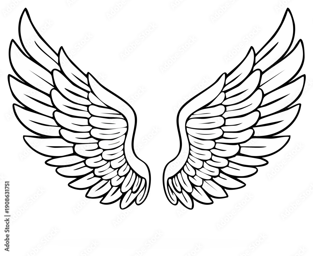 Fototapeta premium Symmetrical pair of spread angel wings in a bold black outline illustration