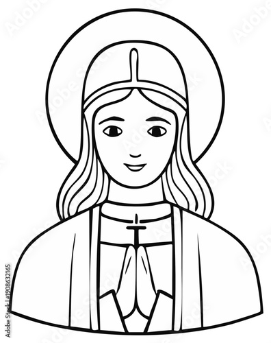 Iconographic depiction of a serene holy figure in prayer with a halo and traditional religious vestments