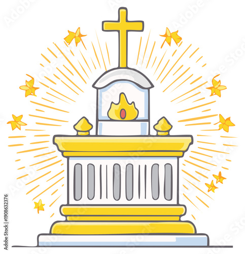 Cartoon style golden altar with cross and star bursts, holy religious place illustration