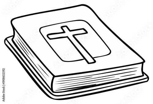 Illustrated Holy Book with Christian Cross Symbol Black and White Line Art Drawing
