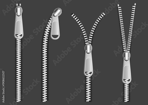 Shiny metal zipper set, studio shot emphasizing reflective surface and craftsmanship of zipper design