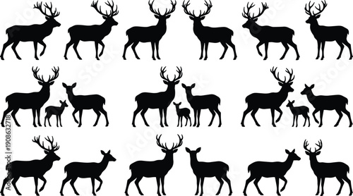Deer silhouette vector collection featuring stag, doe and fawn in multiple poses, black forest wildlife icons isolated on white for design and branding