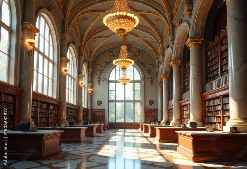 Fototapeta premium Majestic Marble University Library with Grand Chandeliers and Intricate Architecture