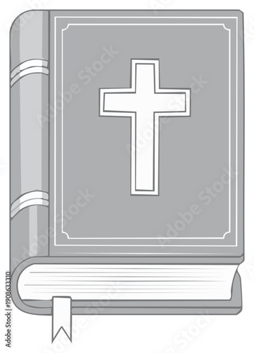 Open Christian book with a Cross on a grey hard cover and a bookmark ribbon