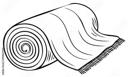Line art illustration of a rolled up carpet rug blanket or mat with fringed edge