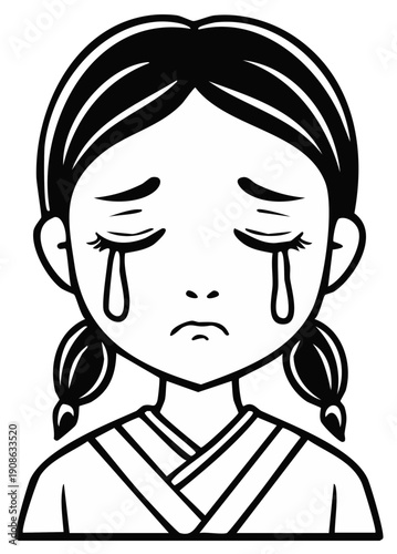 Cartoon Girl with Pigtails Crying Tears - Illustration of Sad, Unhappy Child