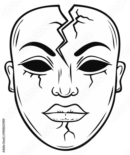 Cracked stone statue face with hollow black eyes black and white line art vector