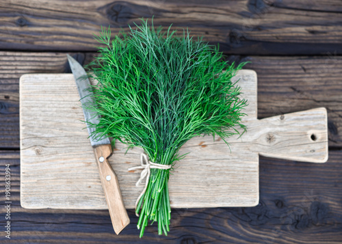 Fotografie Fresh dill bunch tied with string on wooden cutting board