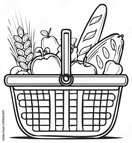 Whimsical illustration of a full woven basket brimming with fresh fruits bread and wheat stalks
