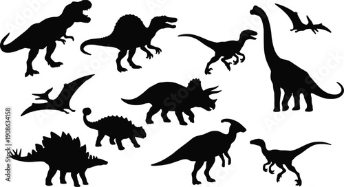 Dinosaur silhouette vector set featuring prehistoric creatures in various poses, black extinct reptile icons isolated on white for education, games, design and branding