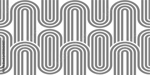 Abstract seamless geometric pattern featuring black vector lines and circular wave ornaments on a decorative texture wallpaper backdrop