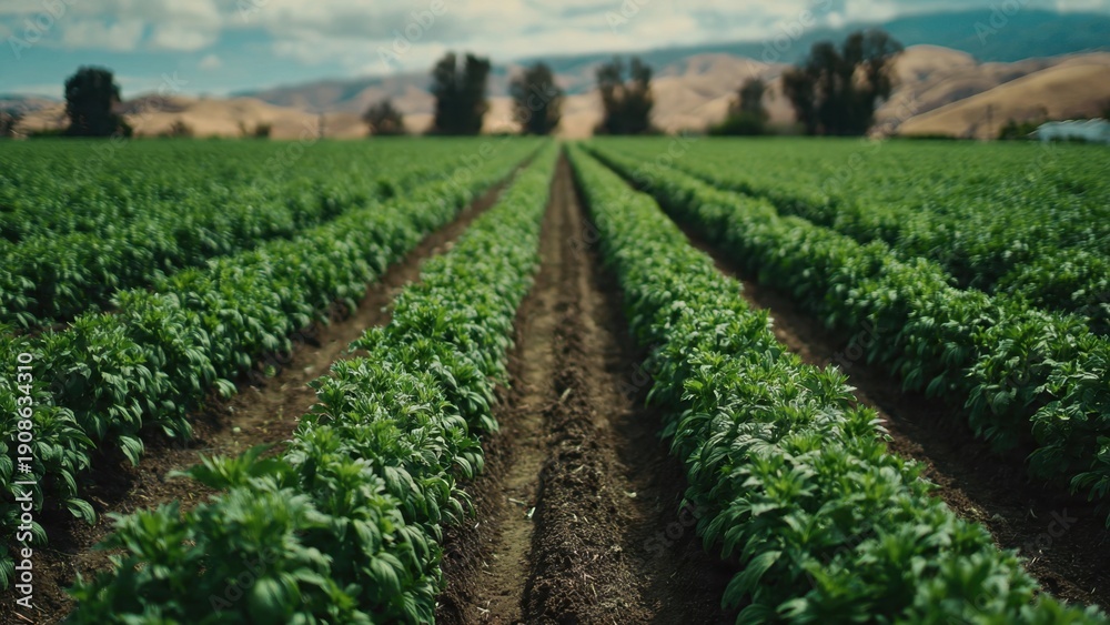 Fototapeta premium Green Rows of Crops on a Farm