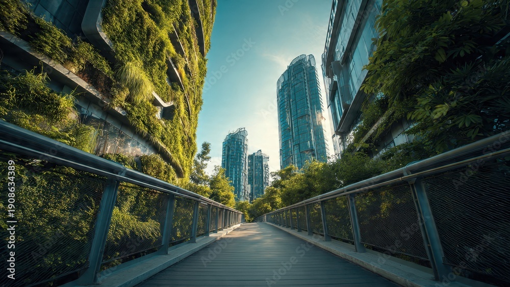 Fototapeta premium Green urban bridge with city skyline
