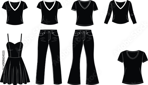 Women fashion clothing silhouette set, female apparel icons collection, tops jeans dress outfits, modern casual wear illustration, vector design
