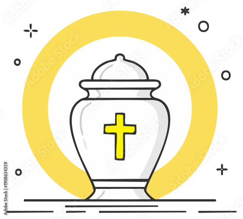 Elegant white urn with a bright yellow Christian cross symbol representing remembrance and faith