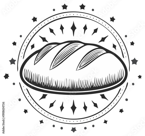Baked Bread Loaf Graphic Illustration with Stars and Decorations in a Circle