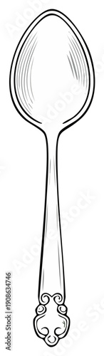 Elegant silver spoon illustration with decorative handle. Detailed silverware design.