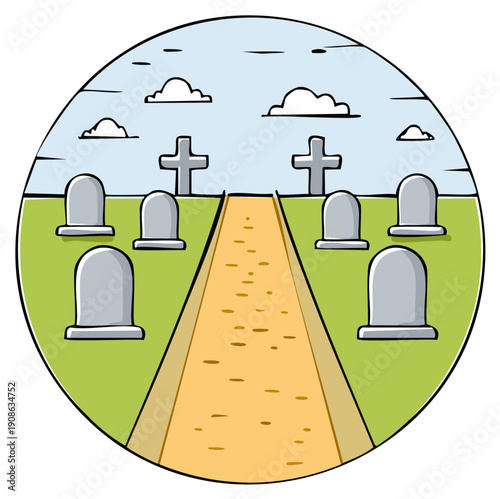 Whimsical cemetery scene with tombstones, crosses, path, clouds in oval shape drawing style, cartoon style