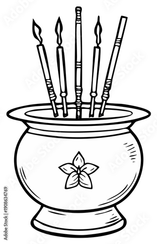 Hand drawn illustration of a ceremonial incense burner with burning candles and joss sticks for a spiritual ritual