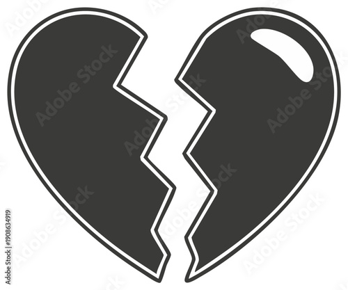 Black and white broken heart illustration, symbolizing heartbreak, sadness, and loss.