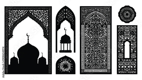 Ramadan decorative arch and window silhouette, Islamic design vector
