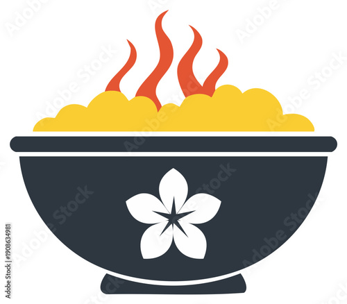 Vector icon of a steaming hot meal in an Asian serving bowl with floral design