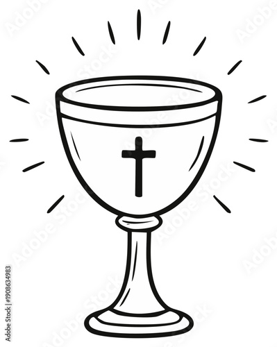 Holy communion chalice with cross and radiating light symbol of faith