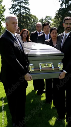 Bearers carry a casket with mourners following behind at a somber outdoor funeral service on a sunny day in a grassy cemetery. vertical video format
