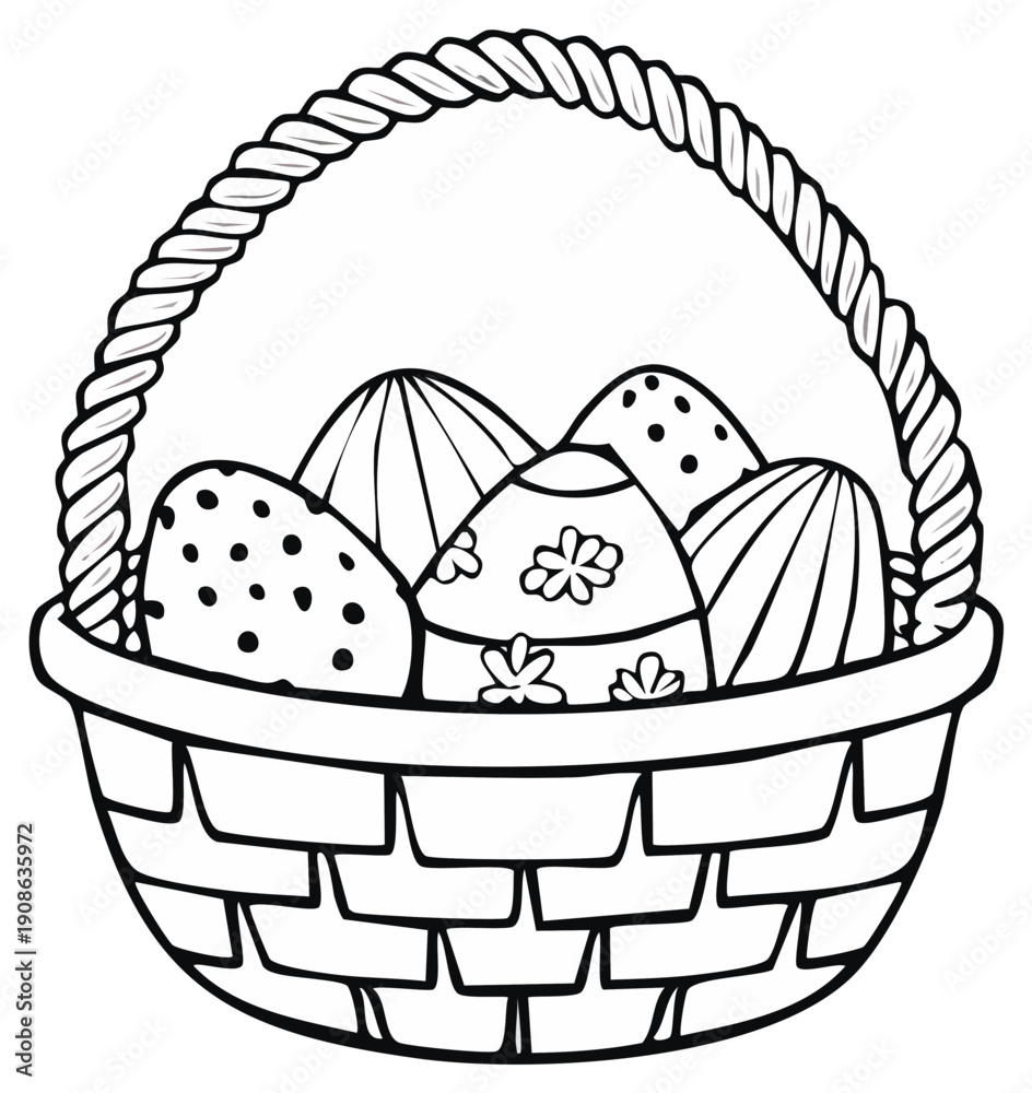 Fototapeta premium Easter Basket with Decorated Eggs Black and White Illustration