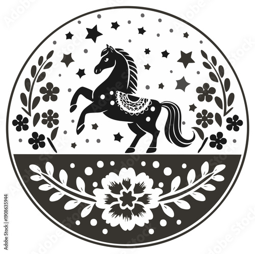 Elegant silhouette of a rearing horse within a floral and star-adorned circle.