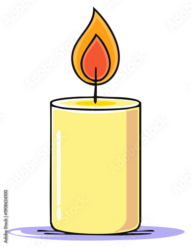 Single cartoon-style lit candle with flame, light yellow wax, spiritual vector