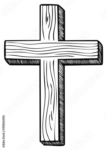 Illustration of a simple wooden cross with detailed shading and wood grain.