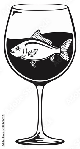 Fish swims inside red wine glass showcasing odd food pairing with creative artwork.