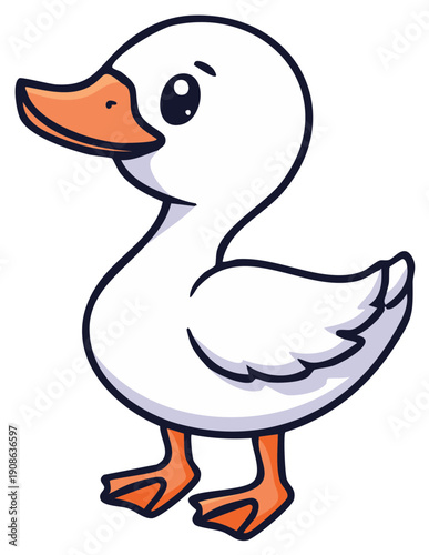 Cute cartoon duckling standing with orange beak and feet outlined in dark blue lines