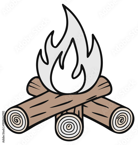 Simple cartoon campfire illustration with burning wood logs and flame