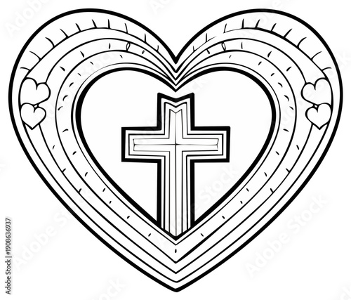 Christian cross inside decorative heart symbol outline design for religious concepts and faith
