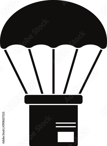 outline silhouette Parachute icon set. Parachute with cargo, parachute icon. Simple line drawing of a cargo parachute delivering a wooden crate, Package being delivered by parachute icon. Parachute