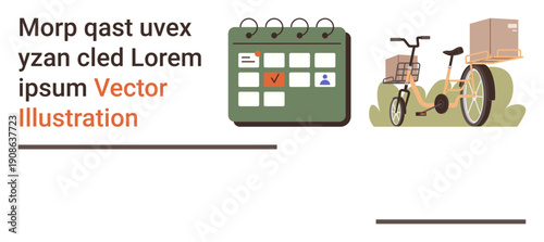 Logistics, delivery planning, ecommerce, urban mobility, sustainable transport, business workflow. Calendar with marked date and cargo bike carrying packages. Logistics and delivery planning concept